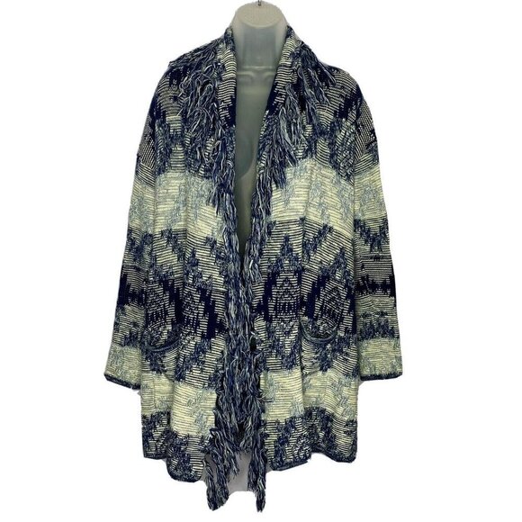 American Eagle Cardigan Sweater Womens XS Open Long Aztec Fringe Blue Boho - Picture 1 of 7